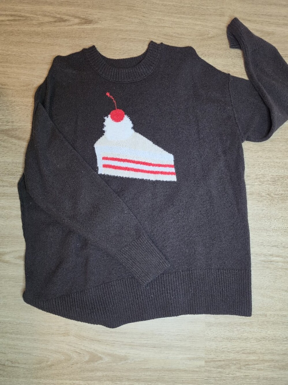 aerie Black Crewneck Sweater with White & Red Cake Graphic